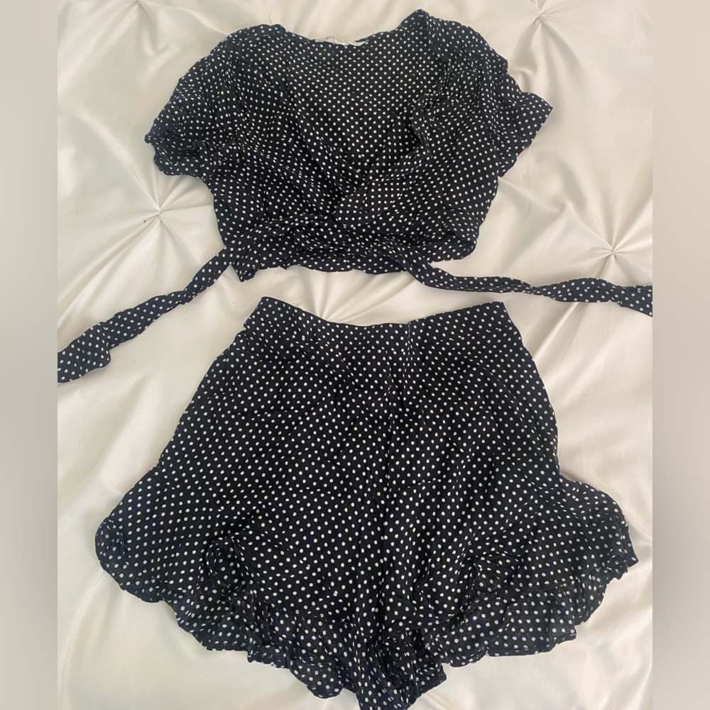 American Eagle Outfitters Black with White Polka Dot Crop Top & Shorts Set